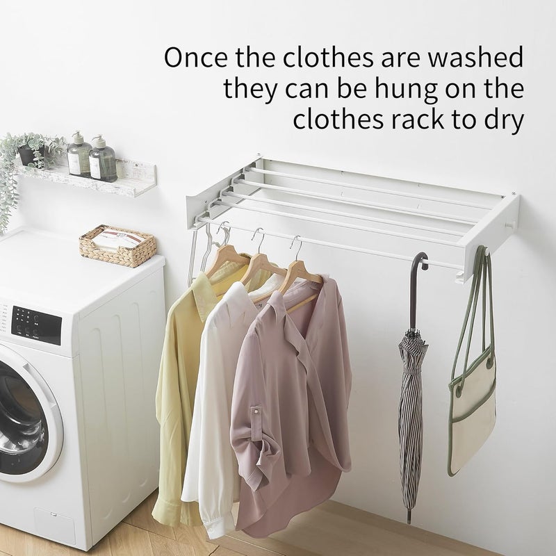 RFOUO Clothes Drying Rack,Laundry Hanging Rack Collapsible,Wall Mounted Drying Rack for Laundry,Foldable Drying Rack Indoor Outdoor,31.5" Wide,5 Aluminum Rods with Hooks, 60 lb Capacity (White 31.5" Hooks) - Image 2